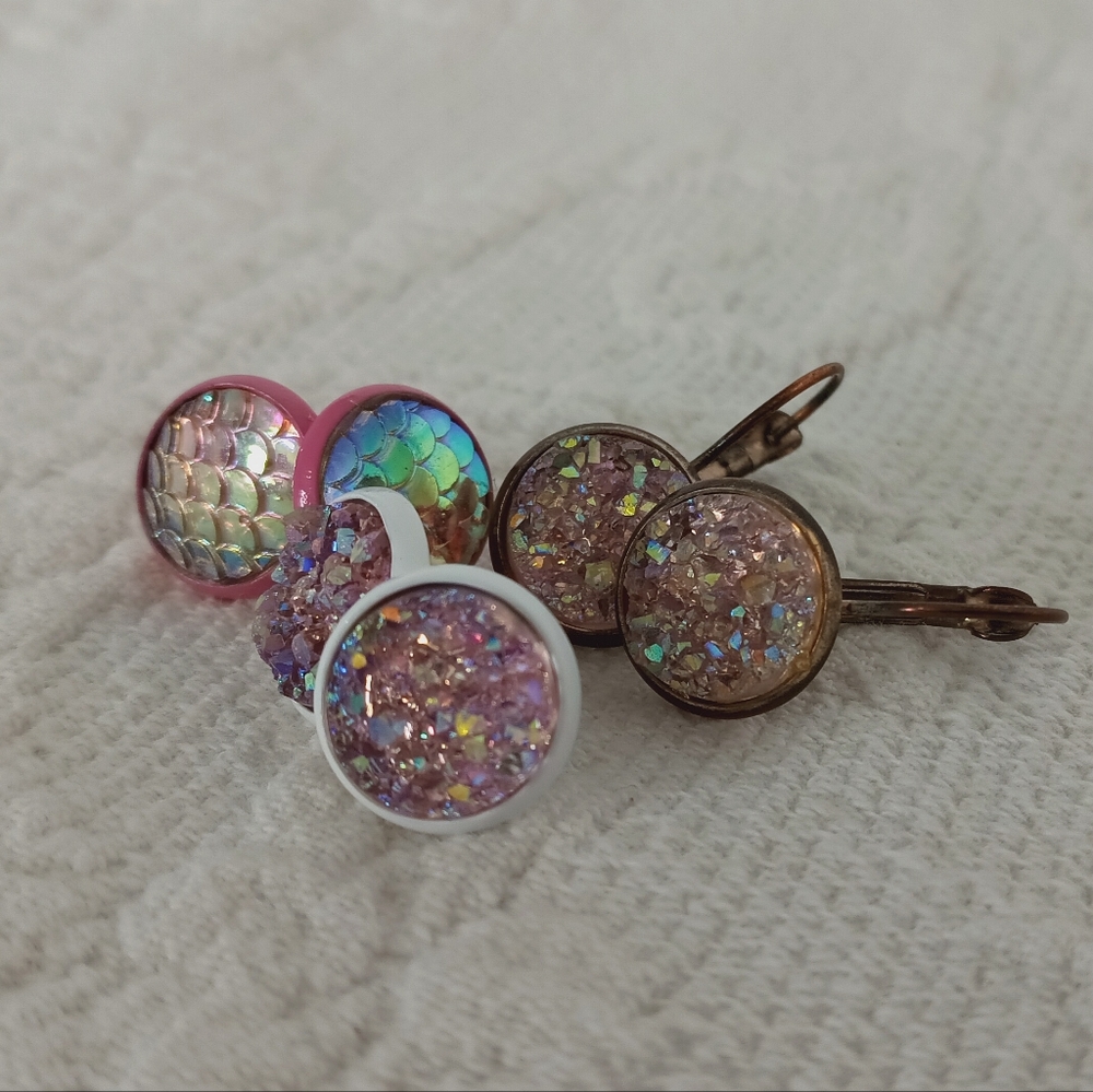 Pink Druzy Stud Earring Set Mermaid Iridescent Metallic Purple Glitter Dopamine - Picture 7 of 10